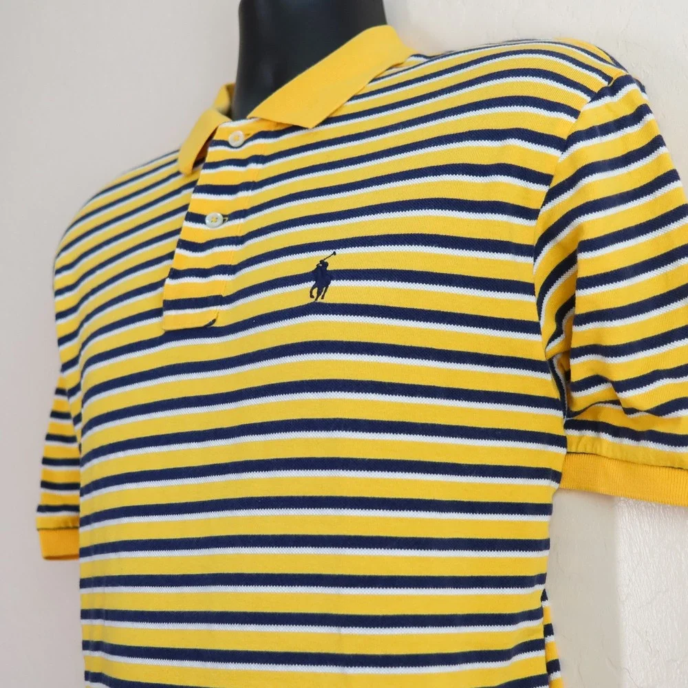 Polo Ralph Lauren Polo Shirt Mens L Yellow Navy Blue White Striped Cotton Pique - Picture 6 of 10
